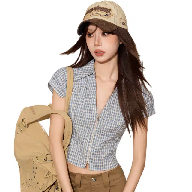 柏黛妃 美式正肩格子短袖衬衫拉链修身收腰设计感短款衬衣上衣 女款