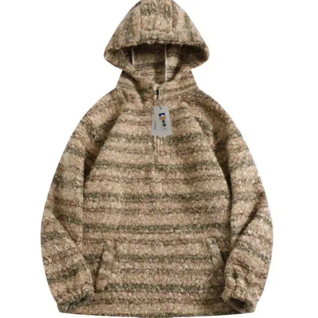 地界二 复古渐变毛呢连帽慵懒条纹保暖针织衫 男款