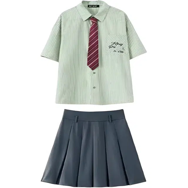 青少年 米囹韩版学院风绿色条纹短袖裙装套装 衬衫女夏日系文艺百搭宽松慵懒松弛感