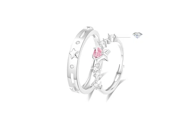 牧言 坠落星河 气质简约小众浪漫设计高级感 光面镂空立体星星粉色爱心四芒星对戒可调节指环 日常约会 合金 戒指 男女同款情侣款