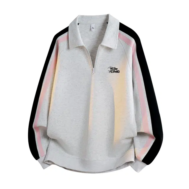 吾皇猫 美式复古潮牌半开领拉链装色条纹宽松时尚百搭休闲套头插肩袖长袖卫衣 男女同款