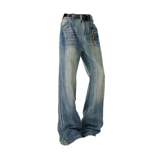 艾梵斯贝 美式复古潮流闪电纹扎花做旧水洗潮酷高级感无性别主义日常通勤百搭高街风宽松微喇显瘦休闲牛仔裤 男女同款