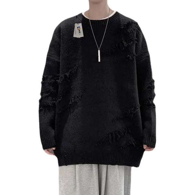 地界二 破洞男宽松潮流日系复古百搭休闲下摆开叉线衣外套外穿宽松潮流日系纯色青春活力风针织衫 男款