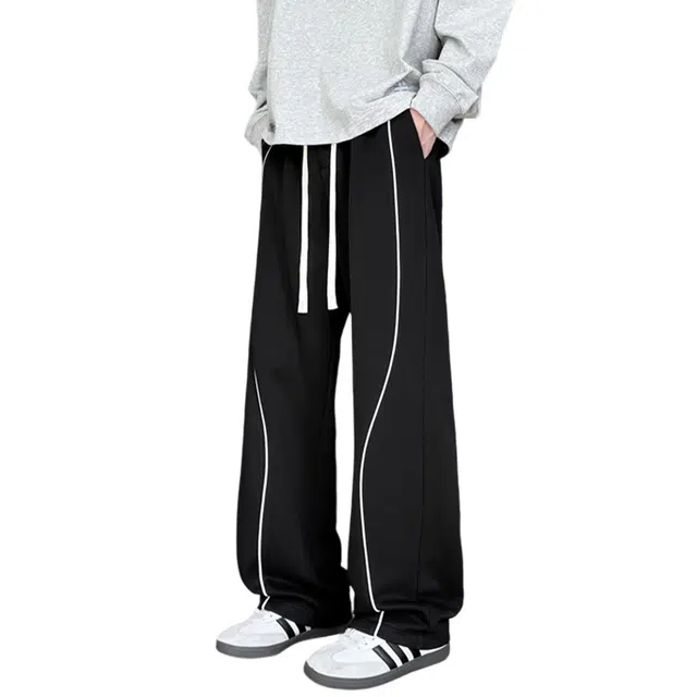 冈哉 撞色反光线条拼接纯色简约基础款美式潮流宽松百搭直筒阔腿高街运动卫裤休闲裤 男女同款
