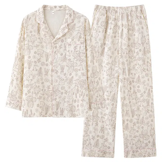 俏佳人 云朵棉系列 开衫翻领卡通满印舒适亲肤透气休闲宽松长袖长裤家居服睡衣套装 女款