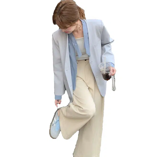 稻草人 韩系假两件拼接撞色设计感气质休闲西装 女款