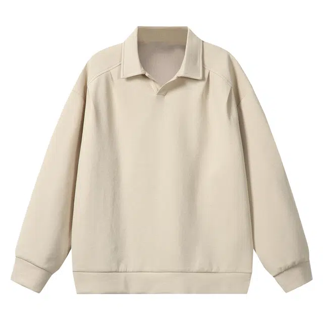 北欧攻略 港风基础款纯色翻领宽松长袖落肩套头螺纹收口褶皱设计高级感舒适休闲运动百搭复古针织衫 男女同款