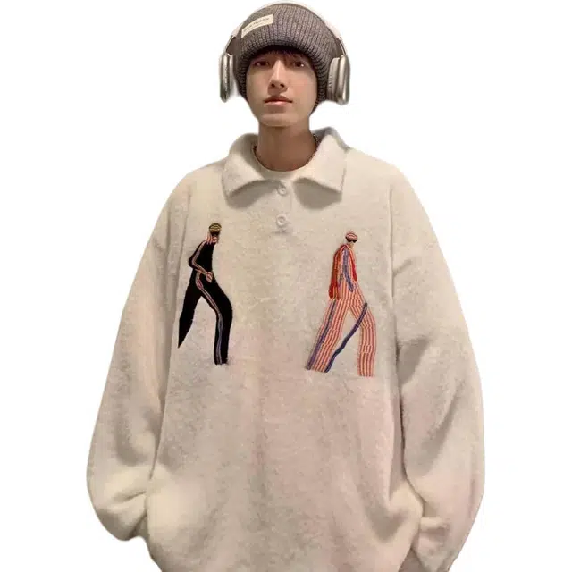 地界二 仿貂毛翻领男美式小众复古刺绣宽松慵懒高级感翻领美式复古人物青春活力风针织衫 男款