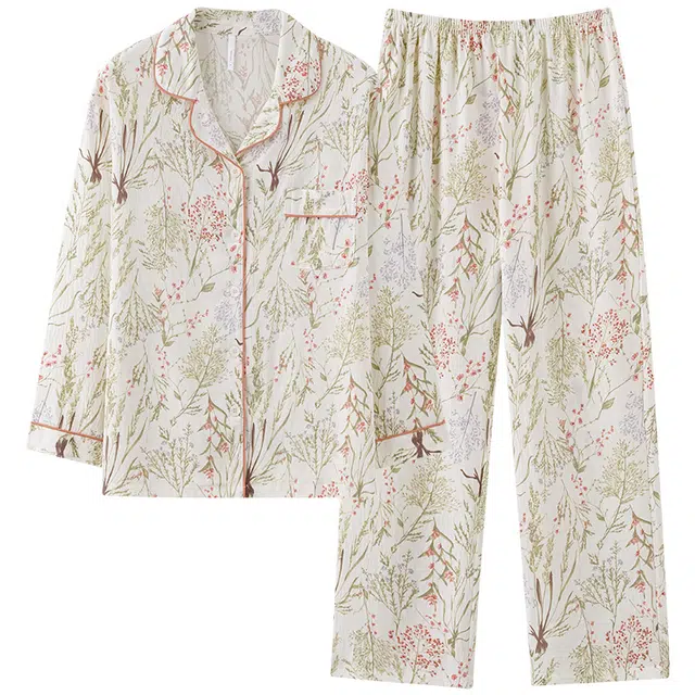 俏佳人 云朵棉系列 开衫翻领满印舒适亲肤透气休闲宽松长袖长裤家居服睡衣套装 女款