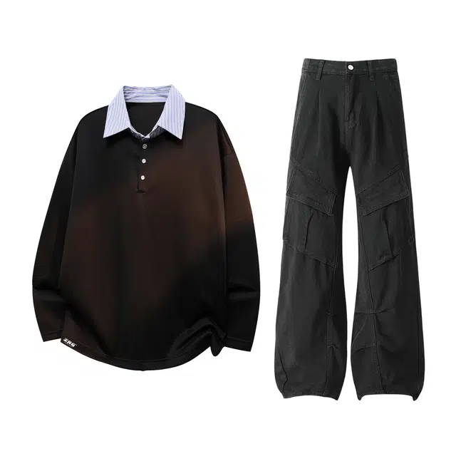 梓润格 老钱风高级感假两件亨利领内搭上衣无性别主义街头风舒适时尚潮流经典简约美式高街复古青少年褶皱痞帅宽松裤子卫衣套装 男女同款