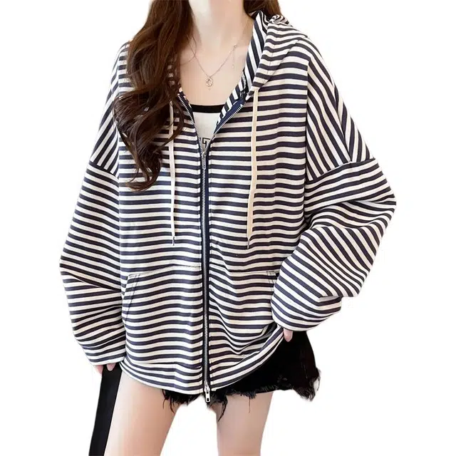 沐晓欣 条纹连帽拉链开衫外套女卫衣 女款
