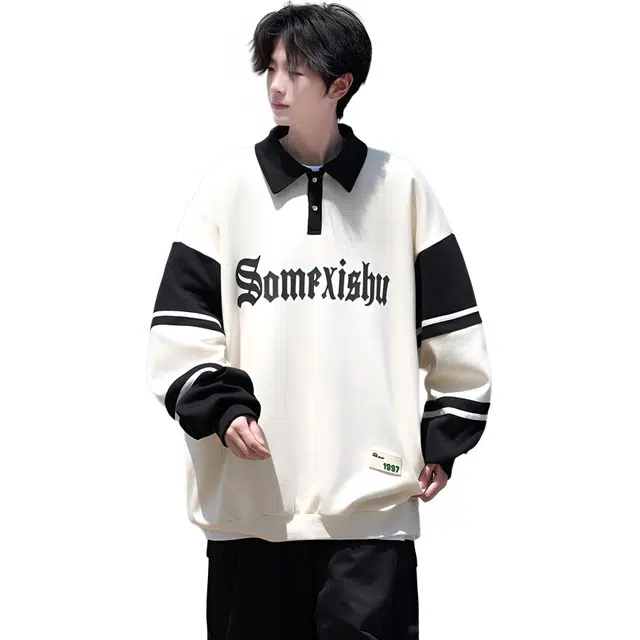 太子龍 美式翻领宽松百搭拼接长袖卫衣 男款