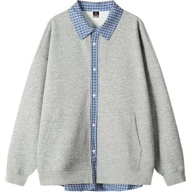 黑马漫画 美式复古假两件开衫男款春格子拼接懒风卫衣 男女同款