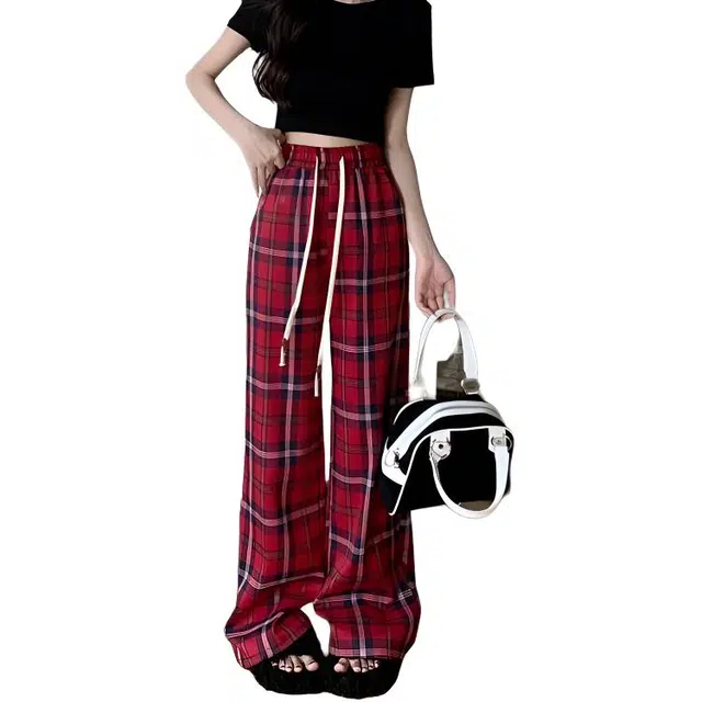 敲模女孩 美式复古高腰格子窄版宽松阔腿裤休闲裤 女款