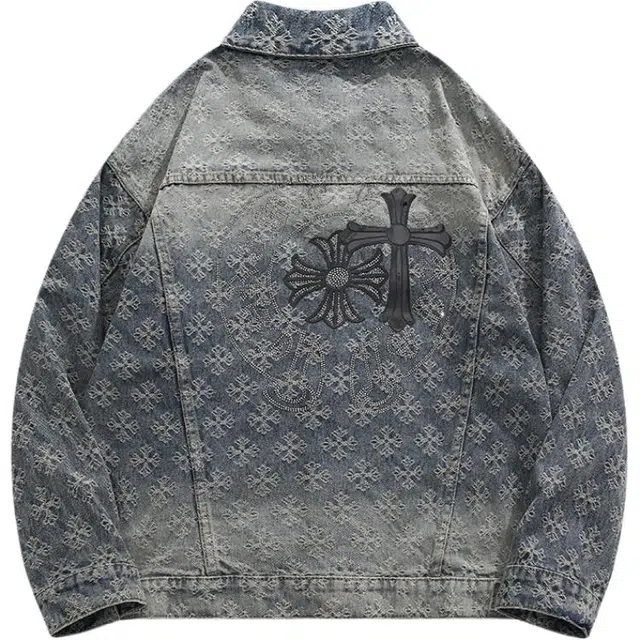 地界二 美式提花十字架重工痞帅小众设计感炸街夹克牛仔外套 男款