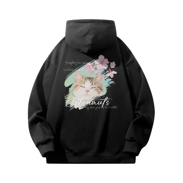 海底小纵队 美式复古手绘油画猫咪宽松休闲舒适透气落肩长袖无性别连帽套头卫衣 男女同款