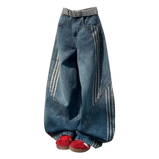 艾梵斯贝 美式复古潮流条纹拼接水洗解构弯刀裤小众设计款无性别主义潮酷街舞高级感高街风宽松休闲牛仔裤 男女同款