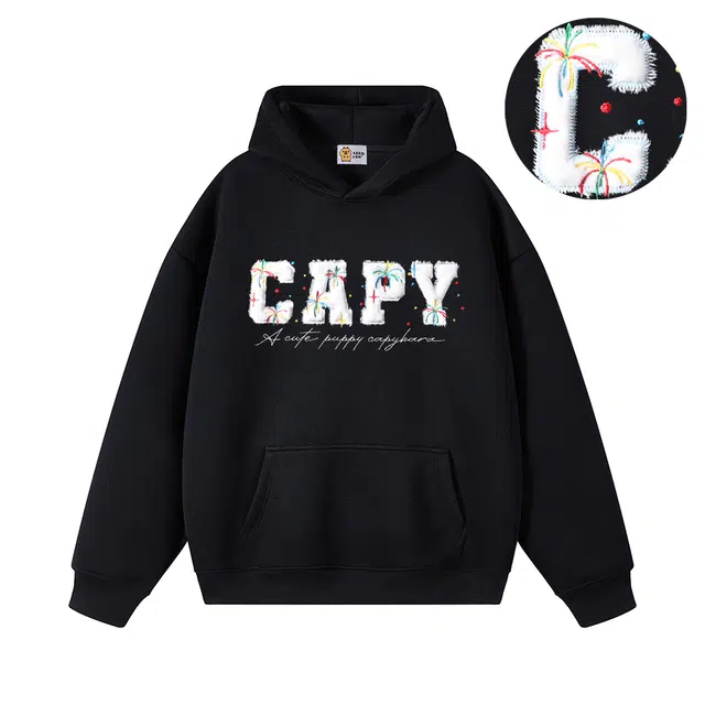 【重磅华棉350g】卡皮巴拉小黄豚 真刺绣烟花彩点毛绒贴布慵懒显瘦美式高街休闲上衣小众日常简约百搭设计感潮流春秋薄款连帽卫衣 男女同款