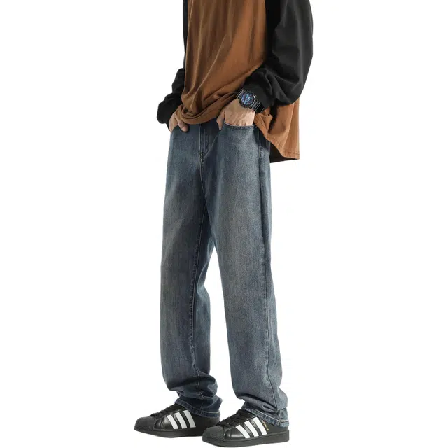 瑞梵帝斯  抗皱水美式高街水洗做旧复古潮流百搭帅气直筒修身中腰显高显瘦通勤垂感休闲柳叶弯刀牛仔裤 男款