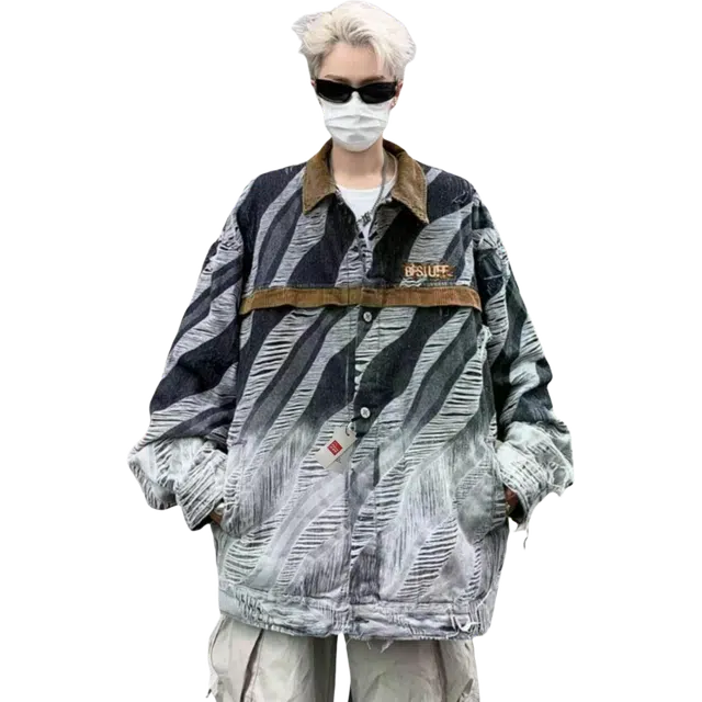 北极绒 高级感渐变扎染破坏风痞帅宽松休闲工装翻领牛仔外套 男款