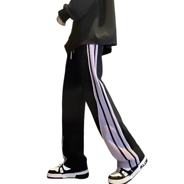 一碗士多 条纹拼接运动裤宽松潮流百搭日常直筒阔腿裤美式高街复古撞色痞帅潮牌显瘦休闲裤 男女同款