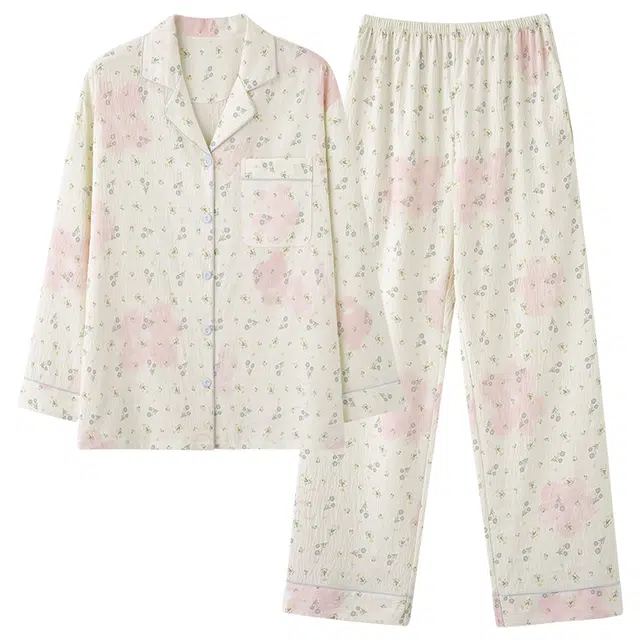 俏佳人 云朵棉系列 基础开衫翻领碎花舒适亲肤透气休闲宽松长袖长裤家居服睡衣套装 女款