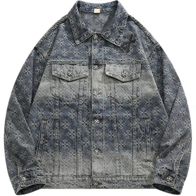 地界二 美式提花十字架重工痞帅小众设计感炸街夹克牛仔外套 男款