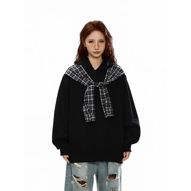 冈哉 假两件衬衫披肩韩版格纹拼接百搭宽松松弛慵懒感个性学院风日常通勤柔软舒适亲肤休闲长袖卫衣 男女同款