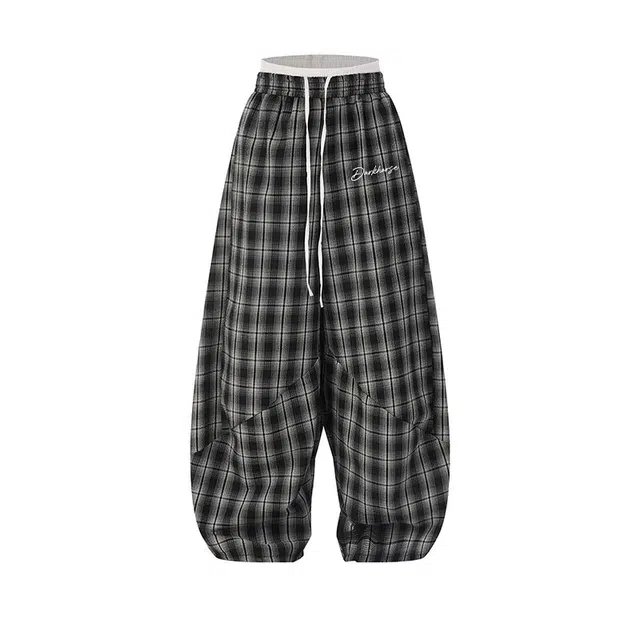 黑马漫画 美式复古慵懒风百搭格子裤男爵士舞双腰头拼接休闲裤 男女同款