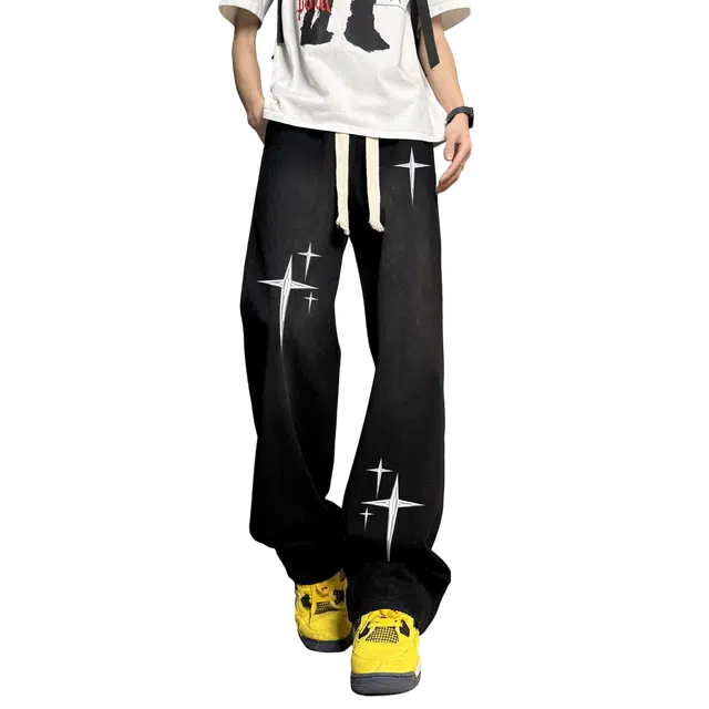 加菲猫家族 美式复古街头黄泥染水洗做旧废土风宽松弹力个性星星印花潮流时尚显瘦高显腿长百搭垂坠柔软不硬工装微喇帅气牛仔裤 男女同款