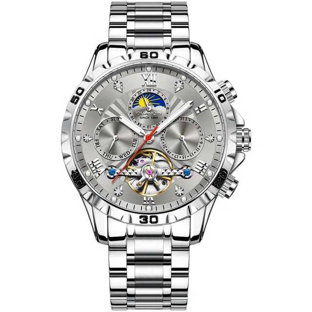 冠琴 多功能系列 高颜值多功能时尚国潮镂空飞轮 自动机械机芯 钢表带 国表 男表 黑色表盘 夜光防水