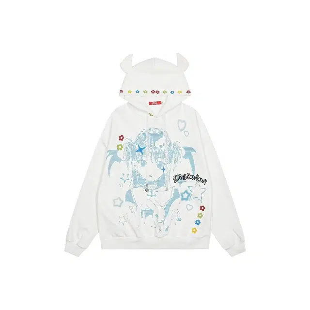 艾梵斯贝 卡通美式复古潮流动漫人物印花立体装饰小众设计感无性别主义甜酷风日常通勤百搭个性高街风可爱休闲连帽卫衣 男女同款