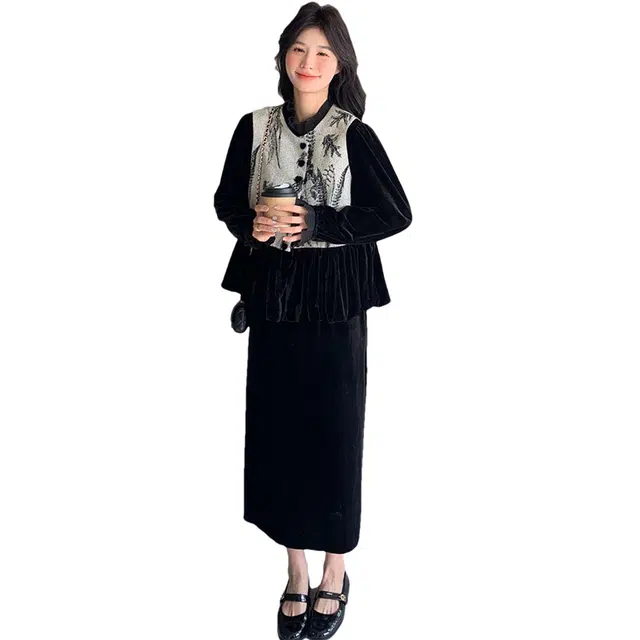 稻草人 新中式国风气质显瘦复古套丝绒拼接裙装套装 女款