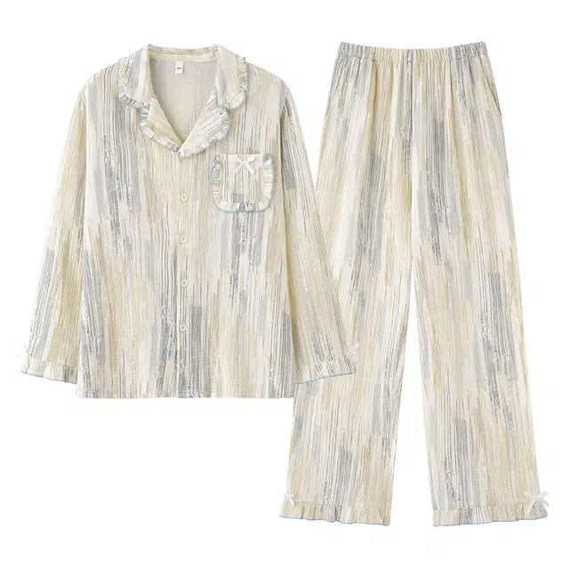 俏佳人 云朵棉系列 开衫翻领复古条纹舒适亲肤透气休闲宽松长袖长裤家居服睡衣套装 女款