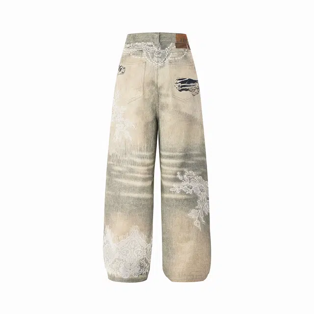 欧路得 美式设计感数码涂鸦印花男女宽松直筒裤休闲阔腿长裤牛仔裤 男款