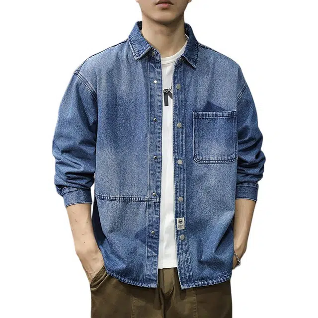 前进牛 美式休闲高街潮牌复古牛仔宽松大码秋季工装痞帅翻领外套长袖衬衫 男款
