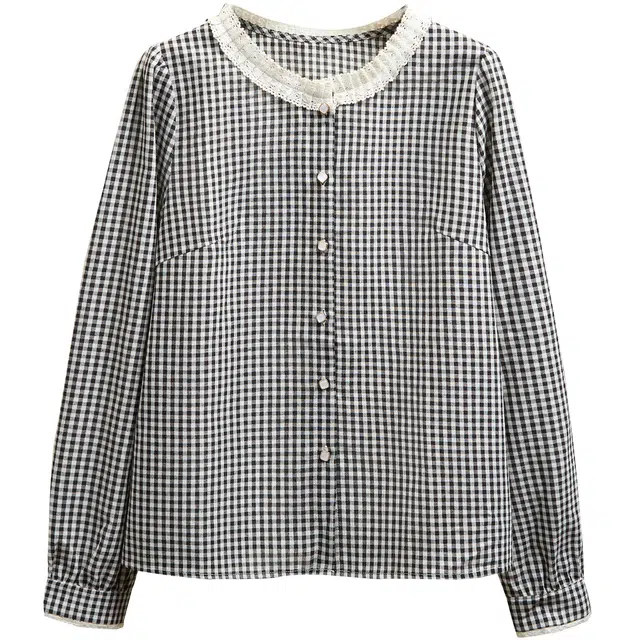 她池 圆领复古撞色蕾丝边单排扣短款长袖衬衫 女款 黑米格纹