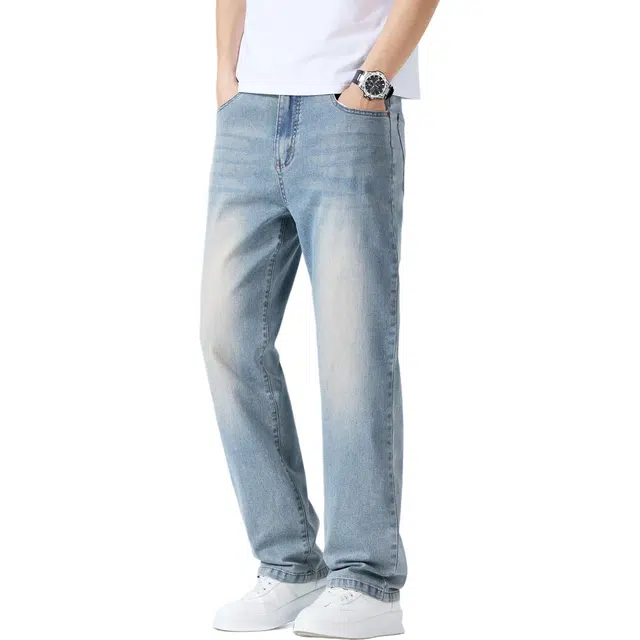 瑞梵帝斯 复古纯色水洗印花休闲百搭宽松直筒高弹力透气薄款显瘦长垂感百搭休闲中腰限高简约裤男生牛仔裤 男款