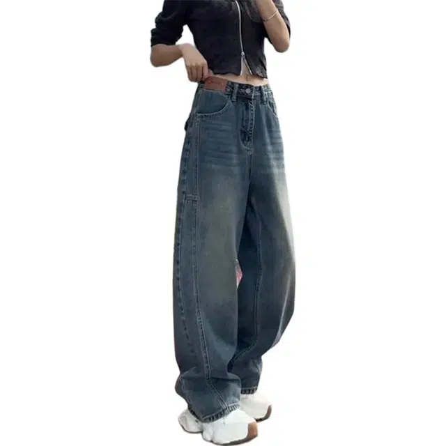 柏黛妃 帅气时尚百搭阔腿裤大码梨形身材高腰加绒加厚显瘦牛仔裤 女款