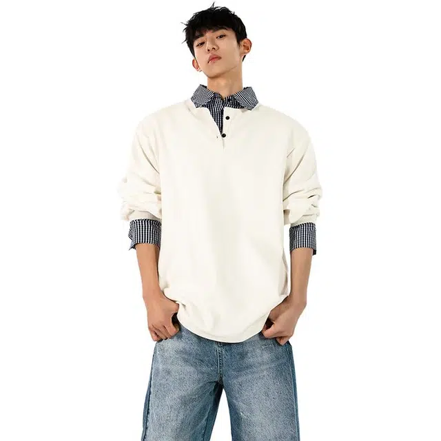 太子龍 假两件翻领美式复古百搭潮牌宽松卫衣 男款