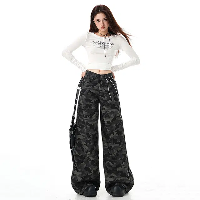 淑好百 宽松阔腿地休闲高腰牛仔裤 女款