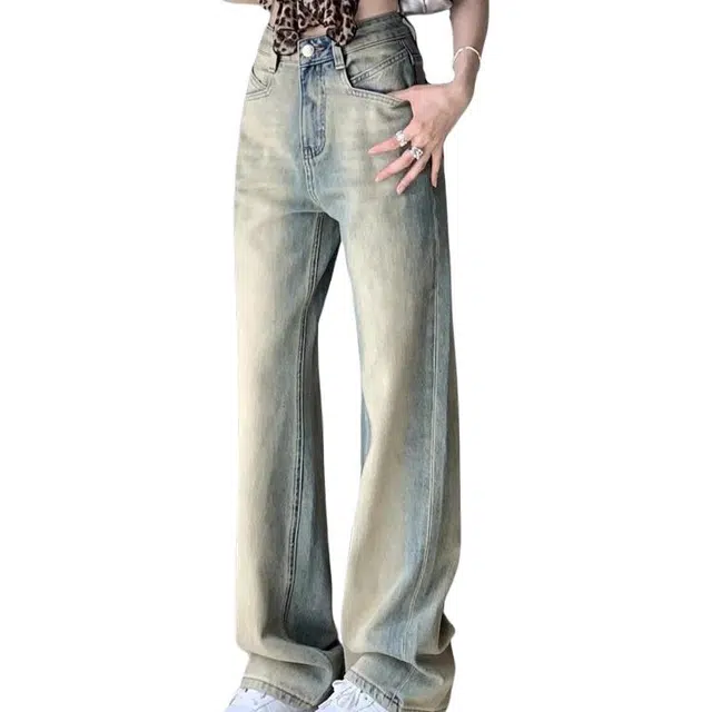 敲模女孩 美式复古水洗做旧窄版高腰宽松直筒牛仔裤 女款