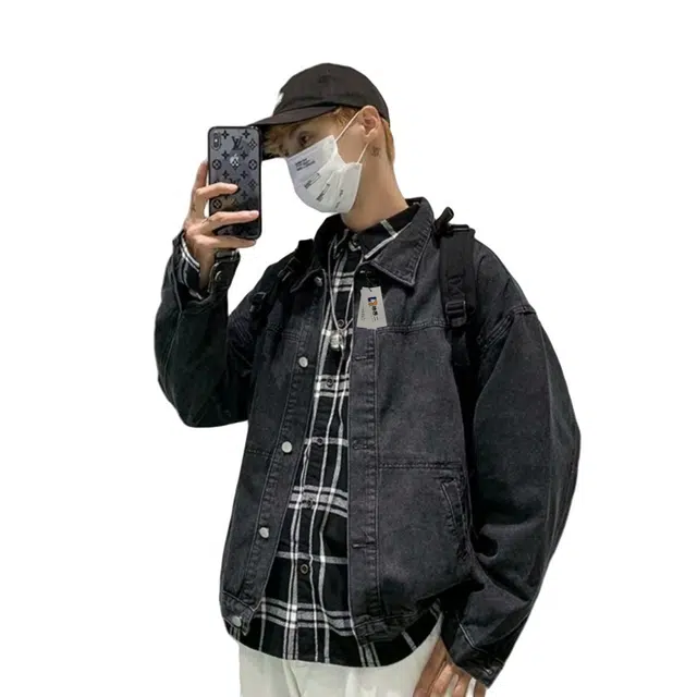 地界二 日系复古男秋季韩版潮流百搭帅气宽松休闲运动工装夹克男复古秋季韩版纯色收口袖宽松牛仔外套 男款