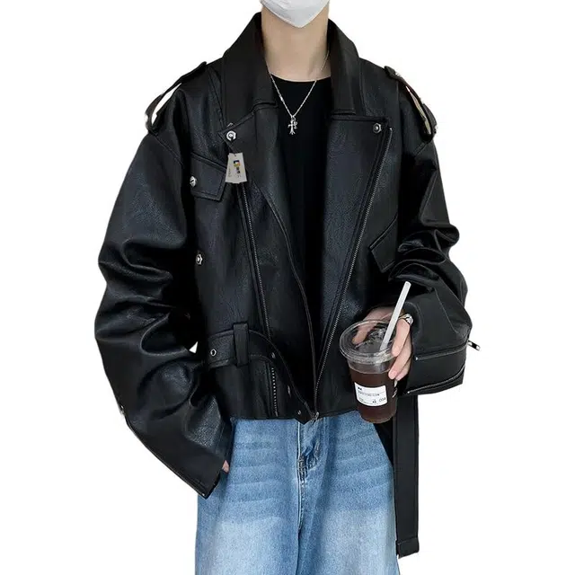 地界二 美式咖色铆钉外套男国潮炸街短款设计高级感痞帅机车服铆钉炸街设计高级感纯色翻领宽松夹克 男款