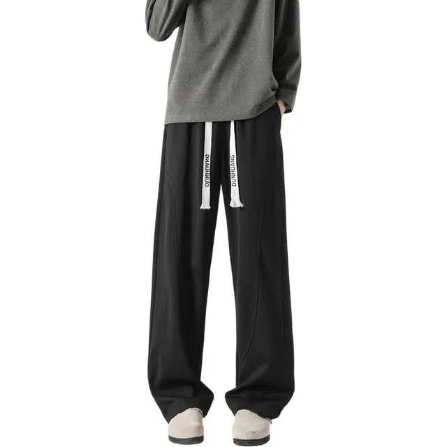 敦煌博物馆 美式复古直筒宽松阔腿立体剪裁中腰松紧抽绳微弹透气舒适纯色简约户外运动透气百搭休闲裤 男女同款