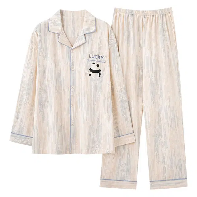 俏霓桐 纯棉长袖长裤可外穿时尚休闲开衫大码纯色家居服睡衣套装 春秋冬季款 男款 两件套 夜光黑 裤子两个口袋