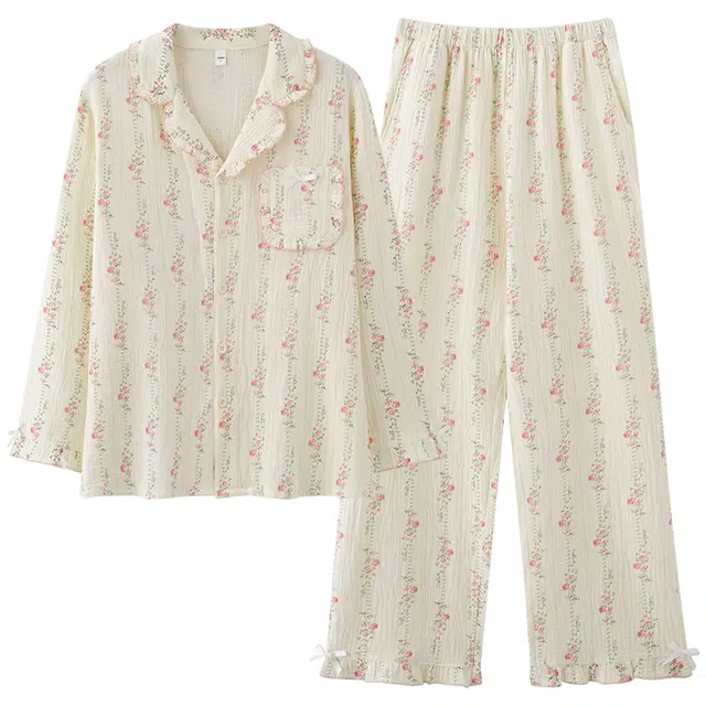 俏佳人 云朵棉系列 甜美开衫翻领花卉条纹舒适亲肤透气休闲宽松长袖长裤家居服睡衣套装 女款
