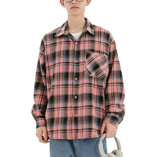 冈哉 美式复古基础款长袖格纹大格子翻领叠穿潮搭垂感痞帅宽松少年感舒适打底内搭外穿秋款衬衫 男女同款