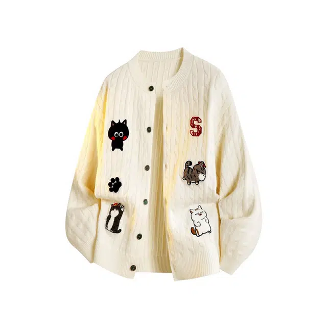 吾皇猫 美式潮牌慵懒麻花条纹卡通动漫毛巾绣设计舒适软糯百搭宽松单排扣休闲开衫长袖针织衫 男女同款