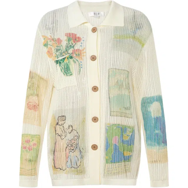 两三事 复古镂空艺术感时尚设计独特手绘印花宽松透气罩衫舒适落肩袖通勤风针织衫 女款